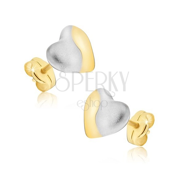 Zlaté náušnice 585 - dvoubarevná symetrická srdce, puzetky