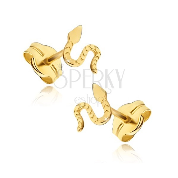 Náušnice ze žlutého 14K zlata - lesklý plazící sa had, rýhovaný povrch