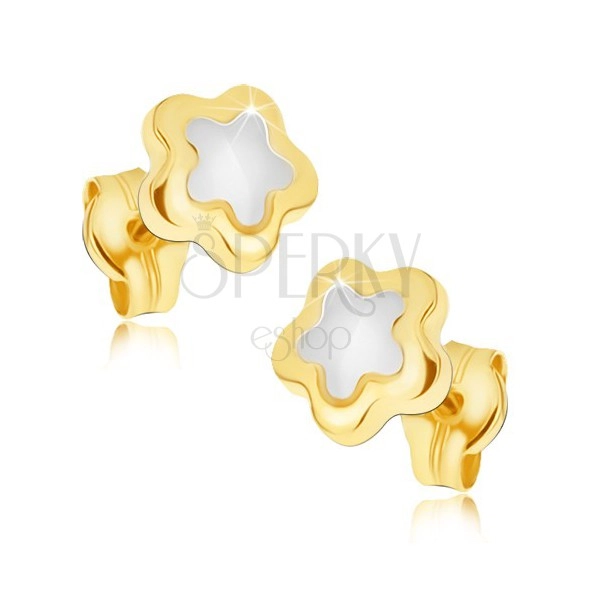 Lesklé náušnice ze zlata 14K - pětilistý dvoubarevný kvítek