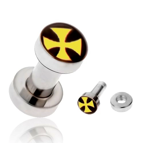 Tunel do ucha z chirurgické oceli, žlutý maltézský kříž, různé velikosti - Tloušťka piercingu: 3 mm