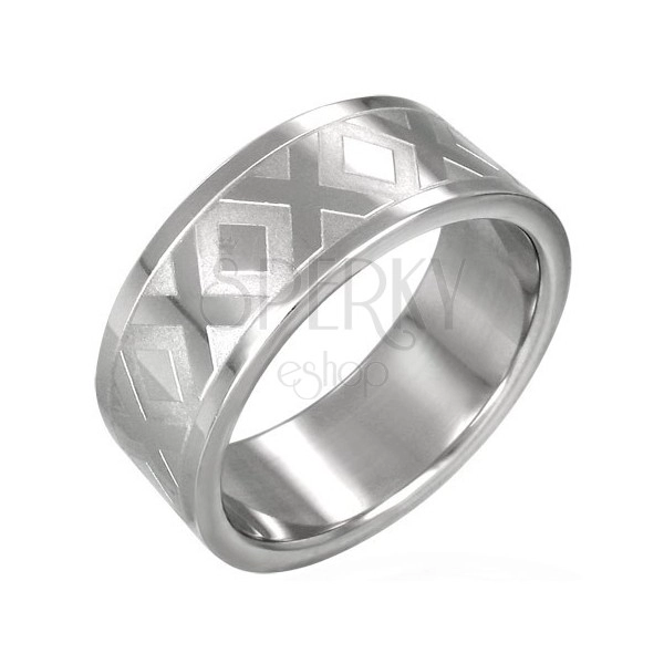 Ocelový prsten stříbrné barvy se vzorem X, 8 mm