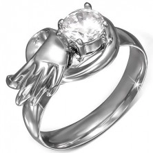 Ocelový prsten s kulatým čirým zirkonem, andělské křídlo