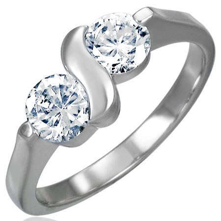 Zásnubní prsten z chirurgické oceli s dvojitým zirkonem s esíčkem - Velikost: 52