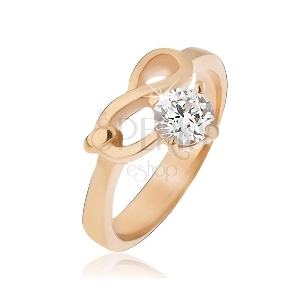 Ocelový prsten zlaté barvy, symbol nekonečna a čirý zirkon