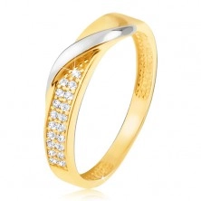 Zlatý prsten 585 - pás drobných čirých zirkonů, zvlněná linie v bílém zlatě