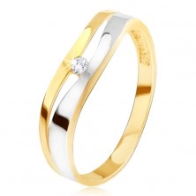 Prsten ze zlata 14K, zvlněná rozdvojená linie, čirý zirkon, dvoubarevný