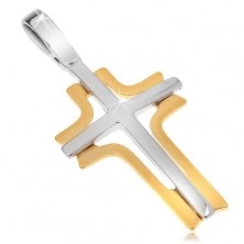 Dvoubarevný zlatý přívěsek 585 - bílý latinský kříž a žlutý vyřezávaný obrys kříže