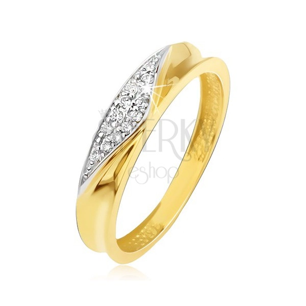 Prsten ve žlutém 14K zlatě - obroučka s vyhloubeným středem, zirkonový trojúhelník