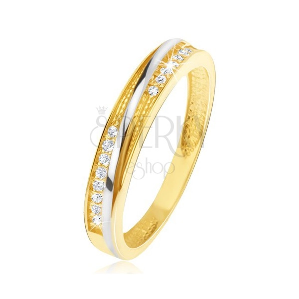 Prsten ve žlutém 14K zlatě - ozdobné trojúhelníkové zářezy, zirkony