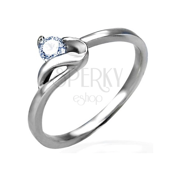 Zásnubní prsten stříbrné barvy, ocel 316L, kulatý čirý zirkon a zvlněné rameno