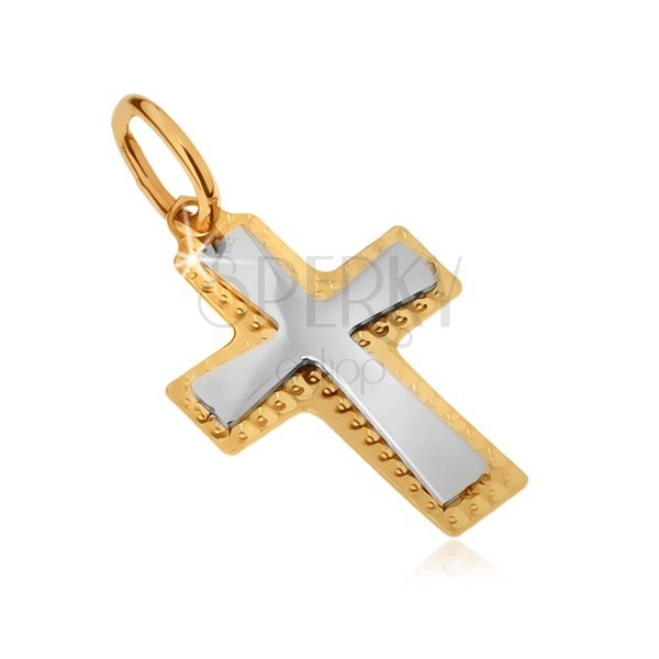 Přívěsek ze zlata 14K - dvoubarevný kříž, ozdobně gravírovaný okraj