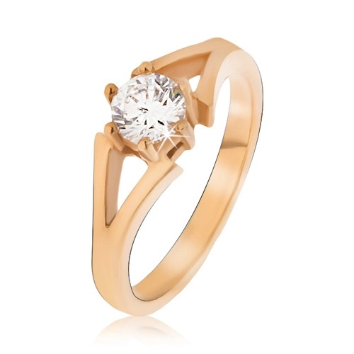 Ocelový prsten zlaté barvy, rozvětvující se ramena, čirý kamínek - Velikost: 56