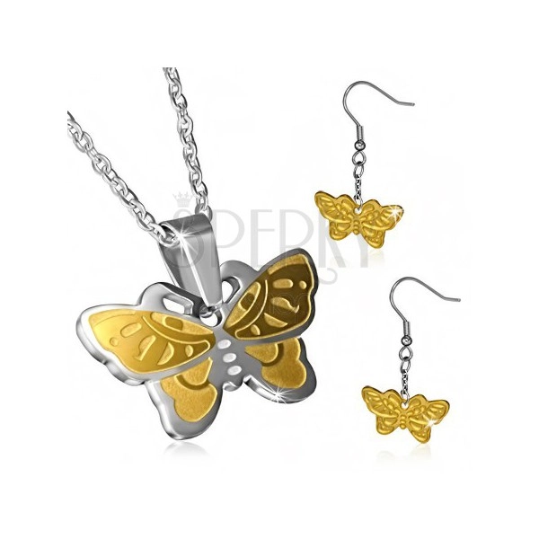 Dvoubarevný ocelový set - motýlí náušnice a řetízek s přívěskem