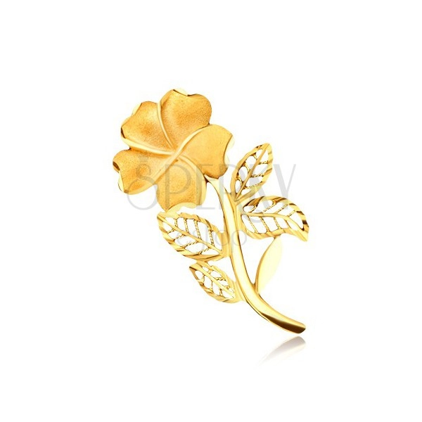 Zlatá brož 585 - pískovaný květ na stonku s filigránovými lístečky