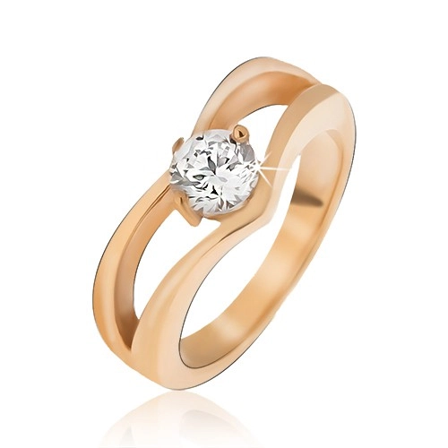 Zlatý ocelový prsten, zdvojená špička, kulatý čirý kamínek - Velikost: 60