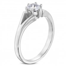 Ocelový prsten stříbrné barvy - zásnubní, rozdělená ramena, čirý zirkon