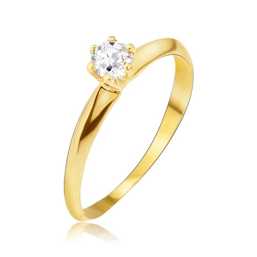 Zlatý prsten 585 - lesklá hladká zkosená ramena, čirý kamínek - Velikost: 49