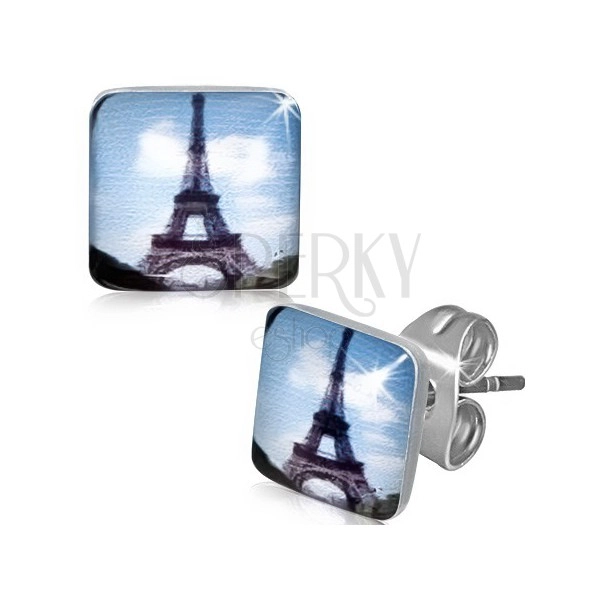 Čtvercové ocelové náušnice s Eiffelovou věží