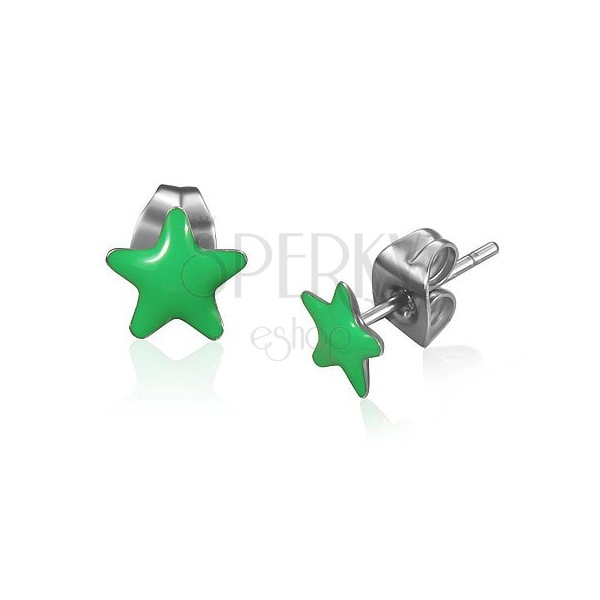 Puzetové ocelové náušnice, zelené glazované hvězdy