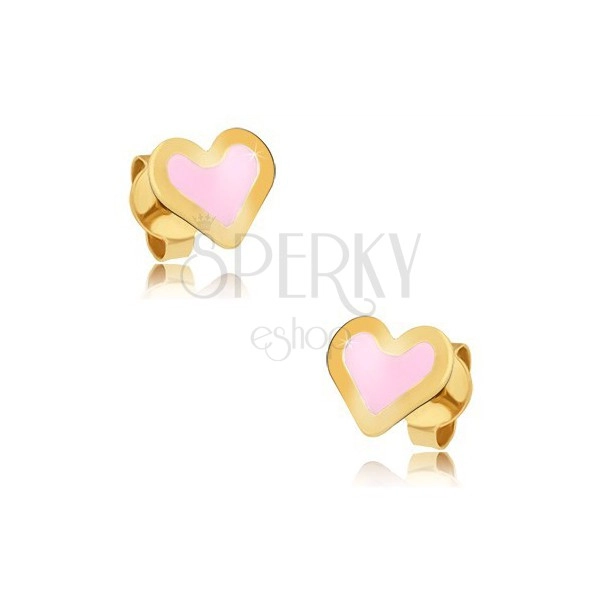Zlaté náušnice 375 - plochá symetrická srdce, lesklý růžový email