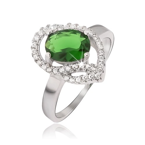Stříbrný prsten 925, oválný zelený kamínek, zirkonové oblouky - Velikost: 56