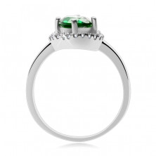 Stříbrný prsten 925, oválný zelený kamínek, zirkonové oblouky