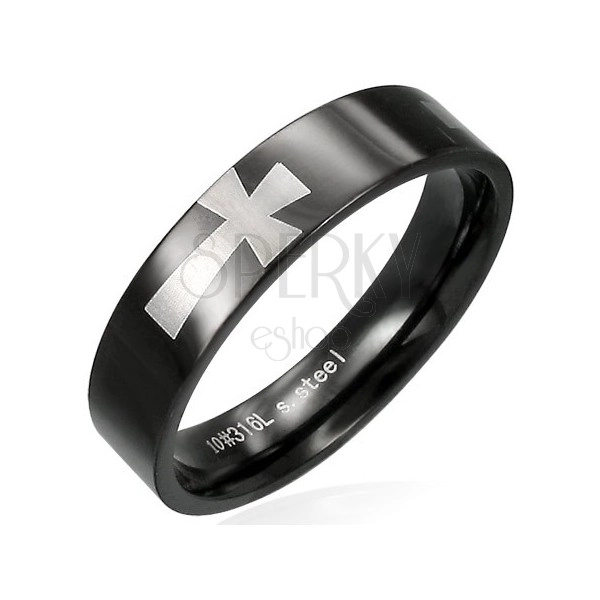 Černý prsten z chirurgické oceli s kříži stříbrné barvy po obvodu, 5 mm