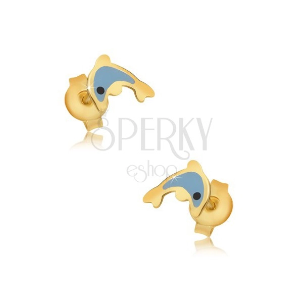 Zlaté náušnice 375 - glazovaný modrý delfín, lesklý hladký povrch