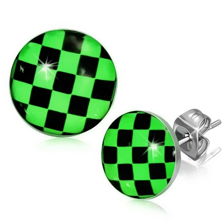 Náušnice z oceli, zeleno-černá šachovnice