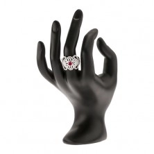 Stříbrný prsten 925, zirkonový kříž, zvlněné linie a růžovočervený kamínek