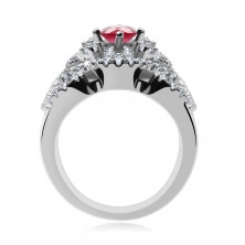 Stříbrný prsten 925, zirkonový kříž, zvlněné linie a růžovočervený kamínek