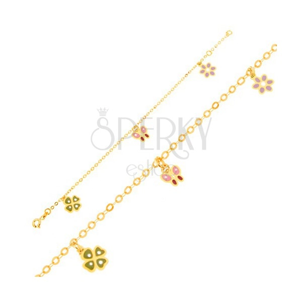 Zlatý náramek 375 - glazovaný čtyřlístek, motýl, kvítek, lesklý řetízek