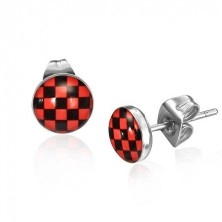Ocelové náušnice, červeno-černý šachovnicový vzor