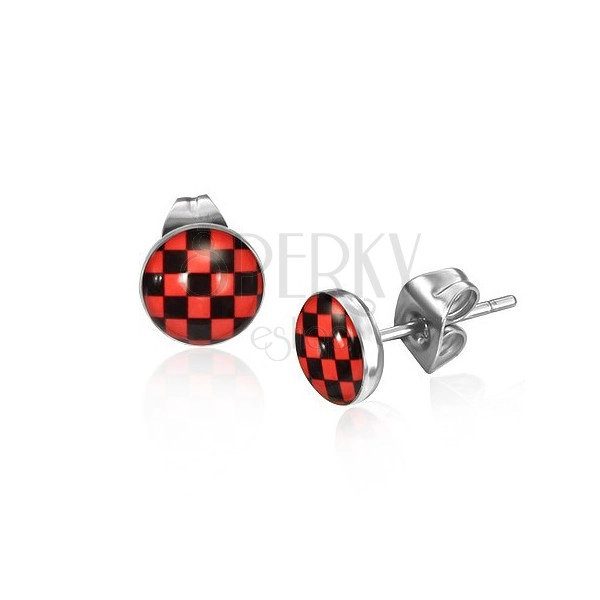 Ocelové náušnice, červeno-černý šachovnicový vzor