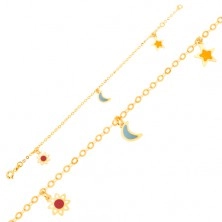 Náramek ze žlutého 9K zlata - bíločervený kvítek, měsíc, hvězda, řetízek