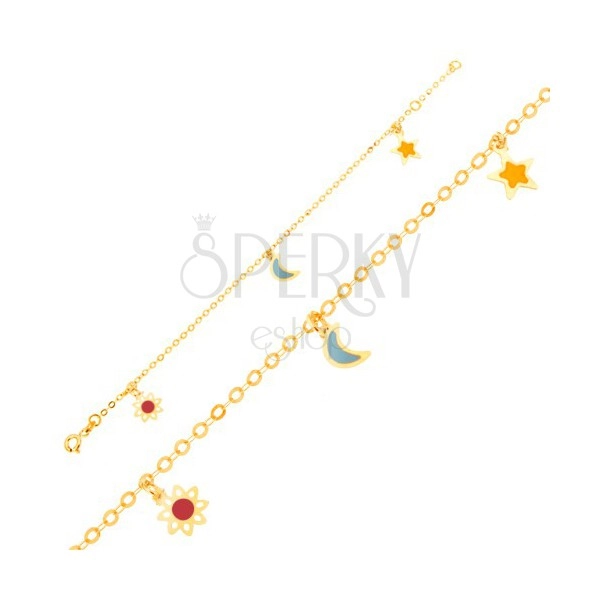 Náramek ze žlutého 9K zlata - bíločervený kvítek, měsíc, hvězda, řetízek