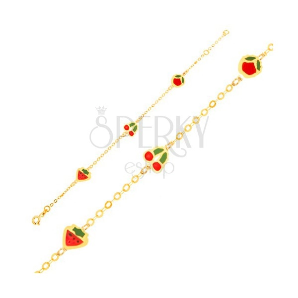 Zlatý náramek 375 - glazovaná jahoda, třešně, jablko a lesklý řetízek