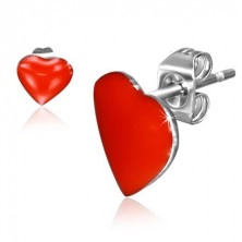 Puzetové náušnice z oceli, červená symetrická srdce