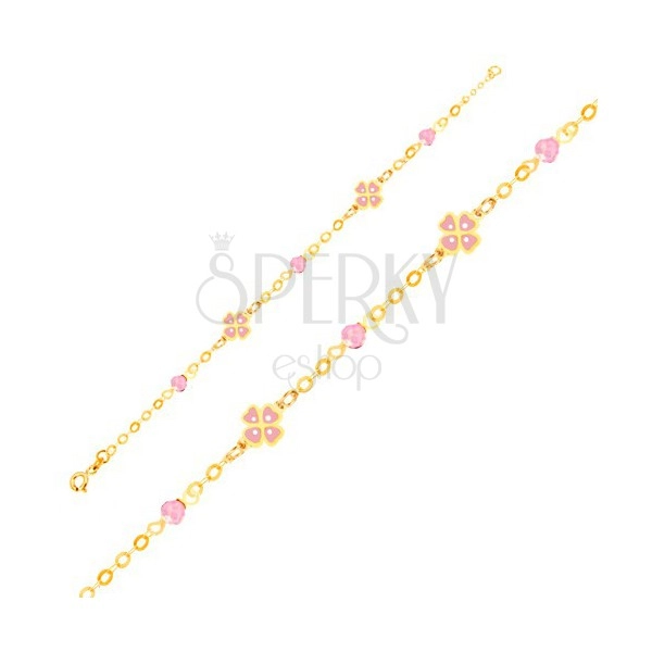 Zlatý náramek 375 na ruku - růžové čtyřlístky a skleněné kuličky, řetízek 