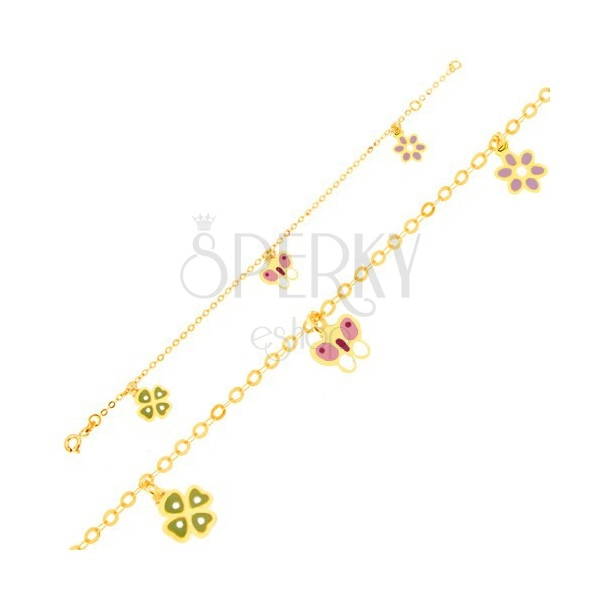Náramek ve žlutém 9K zlatě - čtyřlístek, motýl, kvítek, lesklý řetízek