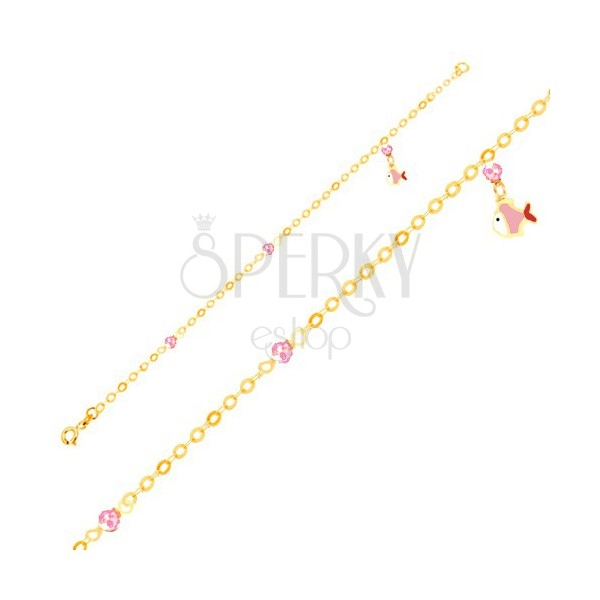 Náramek ve žlutém 9K zlatě - glazovaná rybička, růžové kuličky, lesklý řetízek