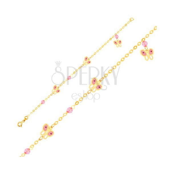 Zlatý 9K náramek na ruku - růžovo-bílí motýli a skleněné kuličky, řetízek 