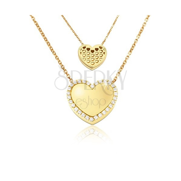 Zlatý náhrdelník 585 - zrcadlově lesklé souměrné srdce, výřezy srdíček, zirkony