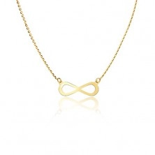Zlatý 14K náhrdelník - lesklý plochý symbol nekonečna, blyštivý řetízek