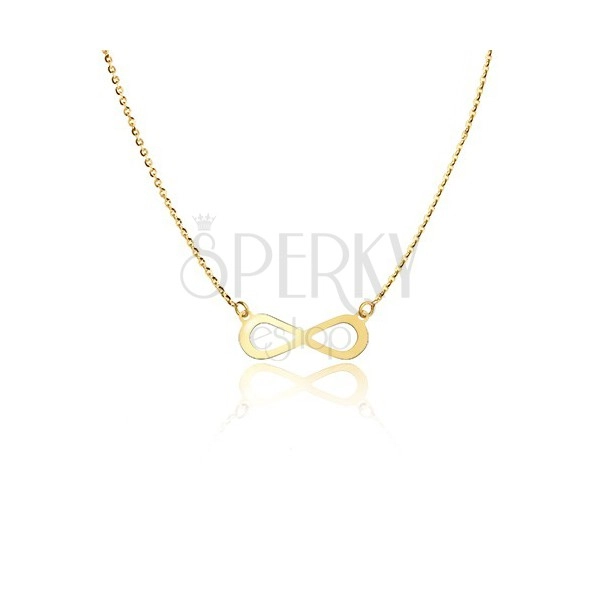 Zlatý 14K náhrdelník - lesklý plochý symbol nekonečna, blyštivý řetízek