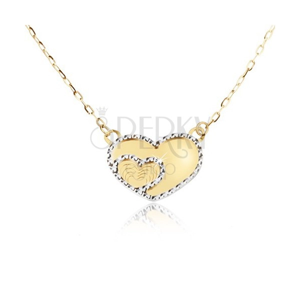 Zlatý náhrdelník 585 - zrcadlově lesklé souměrné srdce, ozdobné gravírování