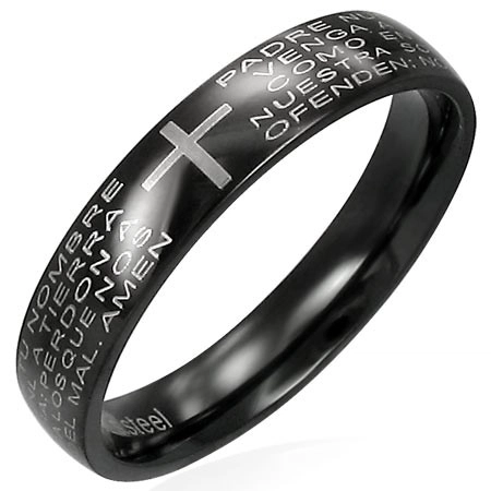 Prsten z černé chirurgické oceli s modlitebním náboženským textem - Velikost: 57