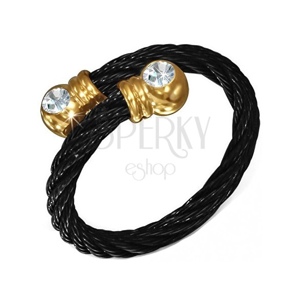 Prsten z oceli, černé zatočené lano, zlaté kuličky s kamínkem