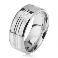 Ocelový prsten, rovný se zkosenými okraji, tři středové zářezy