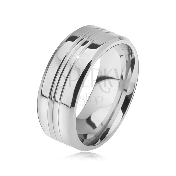 Ocelový prsten, rovný se zkosenými okraji, tři středové zářezy